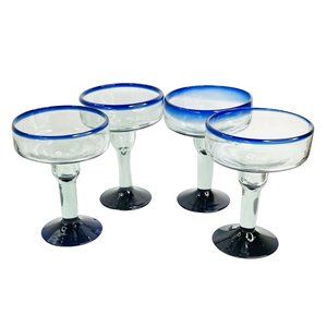 Margarita Glass Set Mexican Hand Blown Heavy Cobalt Blue Rim & Foot 16oz 4 pc